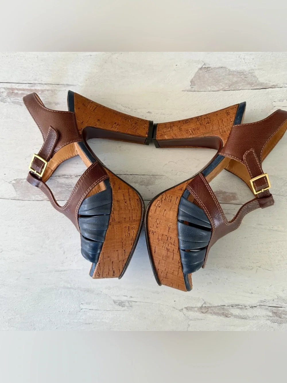 Chie Mihara • Blue Brown Colorblock Cork Platform Heel Sandals